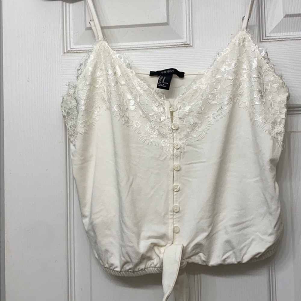 White Button Tie Front Lace Tank Top - Picture 1 of 3